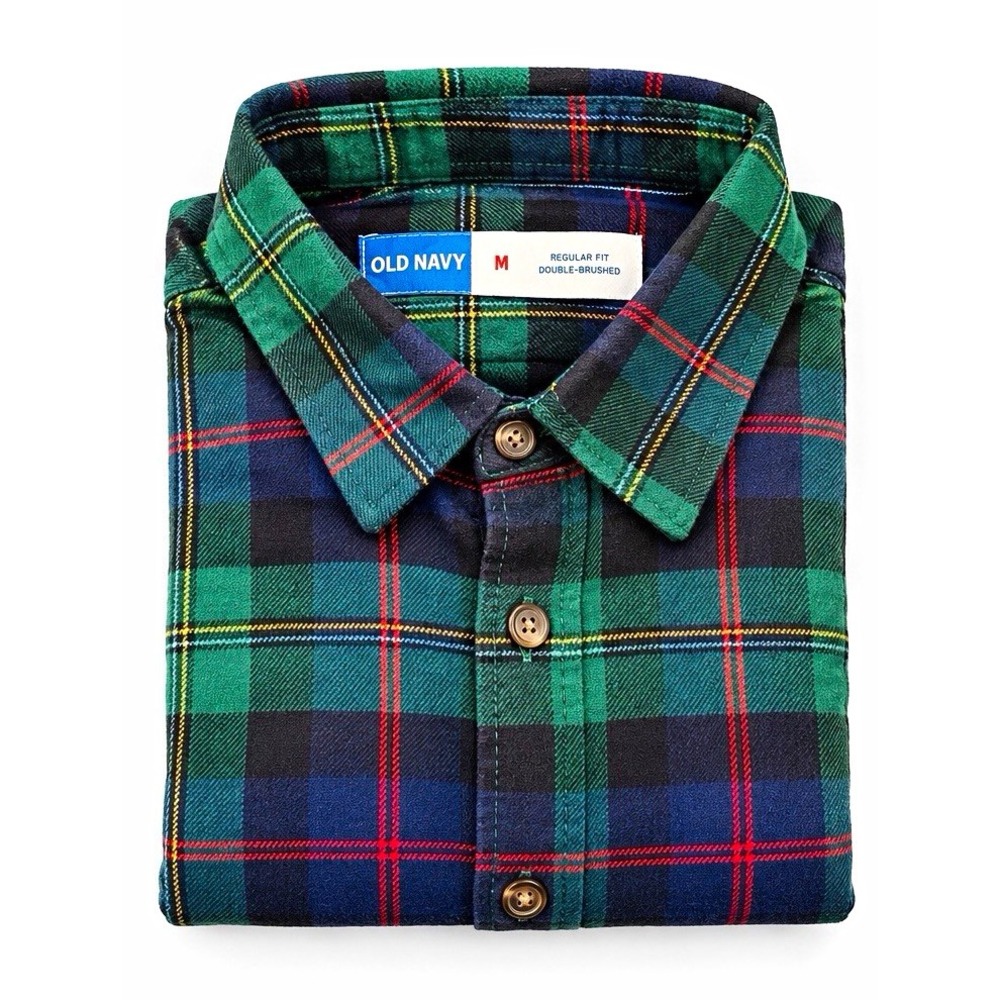 Old Navy Mens M Green Navy Plaid Flannel Shirt Long Sleeve Cotton Button Up NWT